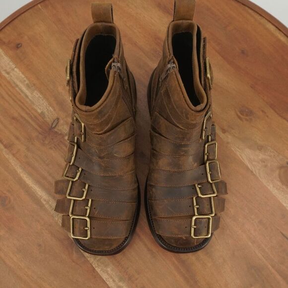 Jeffrey Campbell Womens Belted Up Biker Boots Brown Leather Buckles Block Heel 6 - Picture 6 of 9